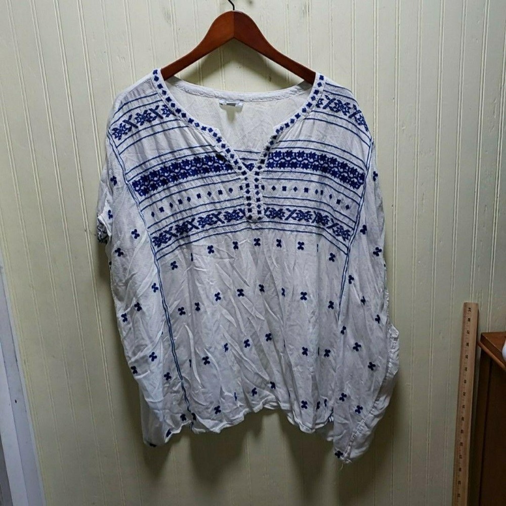 Lucky Brand‎ Blouse Womens Plus 2X White V Neck Short Dolman Sleeve Tunic Top